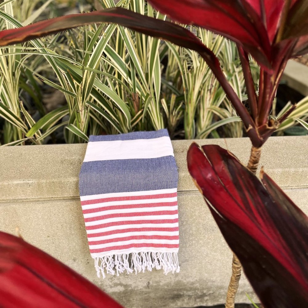 Striped Blue and Red Cotton Bath Towel with Fringe
